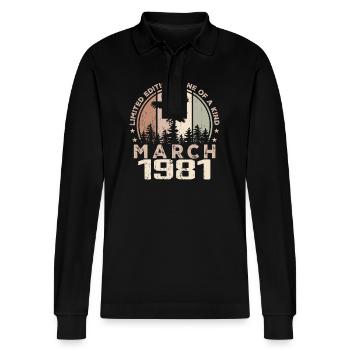 Incomparable since March 1981, 43rd Anniversary - Stanley/Stella Organic Unisex Long-Sleeved Polo Shirt Prepster - black - Front - Anna (173cm) & Nico (186cm)