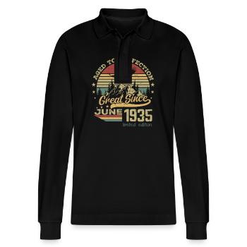 89 years old Aged to Perfection born June 1935 - Stanley/Stella Organic Unisex Long-Sleeved Polo Shirt Prepster - black - Front - Anna (173cm) & Nico (186cm)