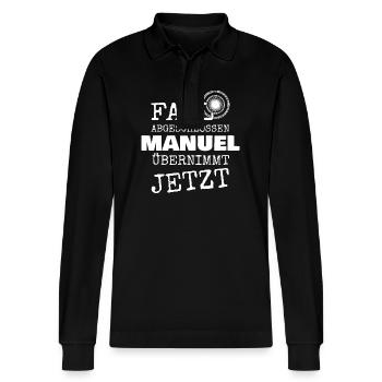 Manuel as a first name - Stanley/Stella Organic Unisex Long-Sleeved Polo Shirt Prepster - black - Front - Anna (173cm) & Nico (186cm)