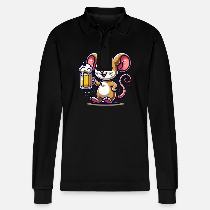 Cute Mouse Drinking Beer - Stanley/Stella Unisex Bio-Langarm-Poloshirt Prepster - Schwarz
