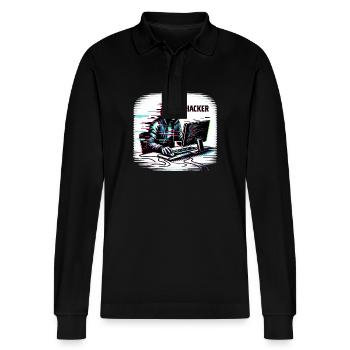 Hacker - Illustration - Stanley/Stella Organic Unisex Long-Sleeved Polo Shirt Prepster - black - Front - Anna (173cm) & Nico (186cm)