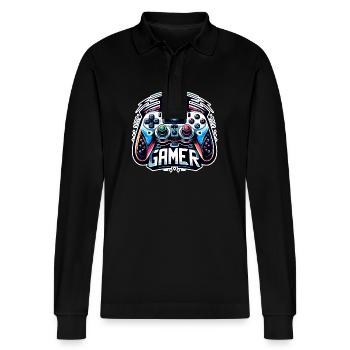Pro Gamer - Controller Illustration - Stanley/Stella Organic Unisex Long-Sleeved Polo Shirt Prepster - black - Front - Anna (173cm) & Nico (186cm)
