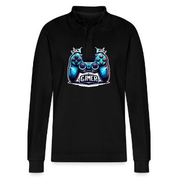 Pro Gamer - Controller Illustration - Stanley/Stella Organic Unisex Long-Sleeved Polo Shirt Prepster - black - Front - Anna (173cm) & Nico (186cm)