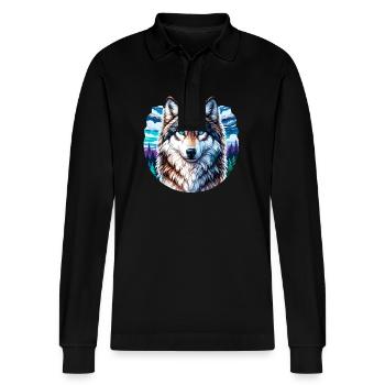 Bunter Wolf in Berg- und Waldlandschaft - Stanley/Stella Unisex Bio-Langarm-Poloshirt Prepster - Schwarz - Vorne - Anna (173cm) & Nico (186cm)