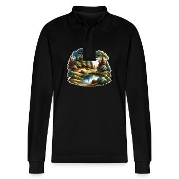 Landscape - Illustration - Stanley/Stella Organic Unisex Long-Sleeved Polo Shirt Prepster - black - Front - Anna (173cm) & Nico (186cm)
