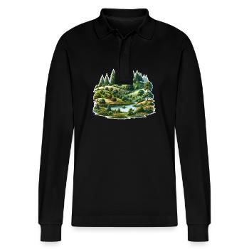 Landscape - Illustration - Stanley/Stella Organic Unisex Long-Sleeved Polo Shirt Prepster - black - Front - Anna (173cm) & Nico (186cm)