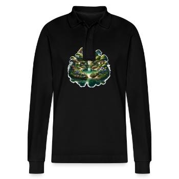 Landscape - Illustration - Stanley/Stella Organic Unisex Long-Sleeved Polo Shirt Prepster - black - Front - Anna (173cm) & Nico (186cm)