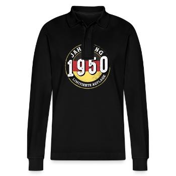 Jahrgangs 1950 Limitierte Auflage 74 Jahre alt - Stanley/Stella Unisex Bio-Langarm-Poloshirt Prepster - Schwarz - Vorne - Anna (173cm) & Nico (186cm)