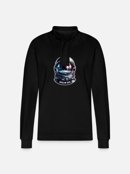 Dream Big - Astronaut Illustration - Stanley/Stella Organic Unisex Long-Sleeved Polo Shirt Prepster - black