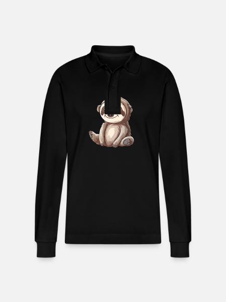 Cute Smiling Sloth Cartoon - Stanley/Stella Organic Unisex Long-Sleeved Polo Shirt Prepster - black