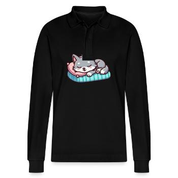 Cute Little Sleeping Wolf - Stanley/Stella Organic Unisex Long-Sleeved Polo Shirt Prepster - black - Front - Anna (173cm) & Nico (186cm)