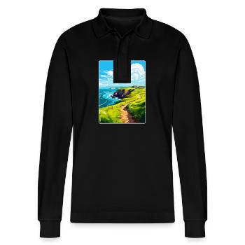 St Davids Head Wales Uk Reise Poster Souvenir WPA - Stanley/Stella Unisex Bio-Langarm-Poloshirt Prepster - Schwarz - Vorne - Anna (173cm) & Nico (186cm)