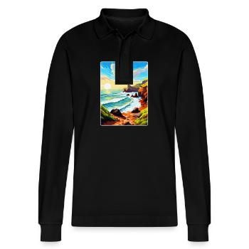 Hartland Quay Devon Vintage Reiseposter Souvenir - Stanley/Stella Unisex Bio-Langarm-Poloshirt Prepster - Schwarz - Vorne - Anna (173cm) & Nico (186cm)