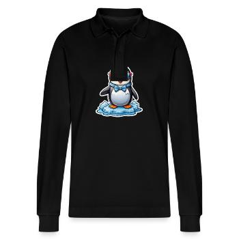 Penguin with Glasses - Stanley/Stella Organic Unisex Long-Sleeved Polo Shirt Prepster - black - Front - Anna (173cm) & Nico (186cm)