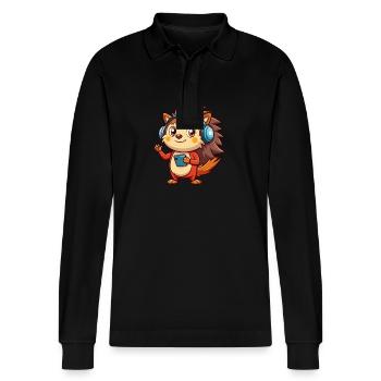 Igel Lustige Zeichentrickfigur Kopfhörer Musik - Stanley/Stella Unisex Bio-Langarm-Poloshirt Prepster - Schwarz - Vorne - Anna (173cm) & Nico (186cm)