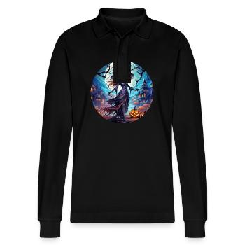 Gruseliges Halloween-partykostüm Hexe - Stanley/Stella Organic Unisex Long-Sleeved Polo Shirt Prepster - black - Front - Anna (173cm) & Nico (186cm)
