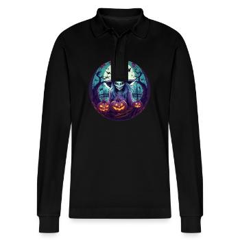 Gruseliges Halloween-partykostüm Hexe - Stanley/Stella Organic Unisex Long-Sleeved Polo Shirt Prepster - black - Front - Anna (173cm) & Nico (186cm)