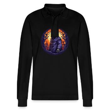 Gruseliges Halloween-partykostüm Sensenmann - Stanley/Stella Organic Unisex Long-Sleeved Polo Shirt Prepster - black - Front - Anna (173cm) & Nico (186cm)