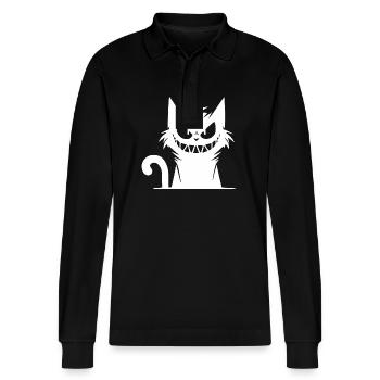 Grinning cat with an evil look in his eyes - Stanley/Stella Organic Unisex Long-Sleeved Polo Shirt Prepster - black - Front - Anna (173cm) & Nico (186cm)