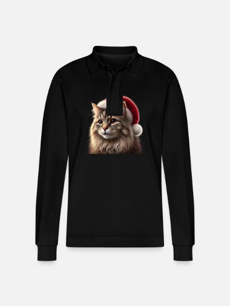 Christmas Cat - Stanley/Stella Organic Unisex Long-Sleeved Polo Shirt Prepster - black