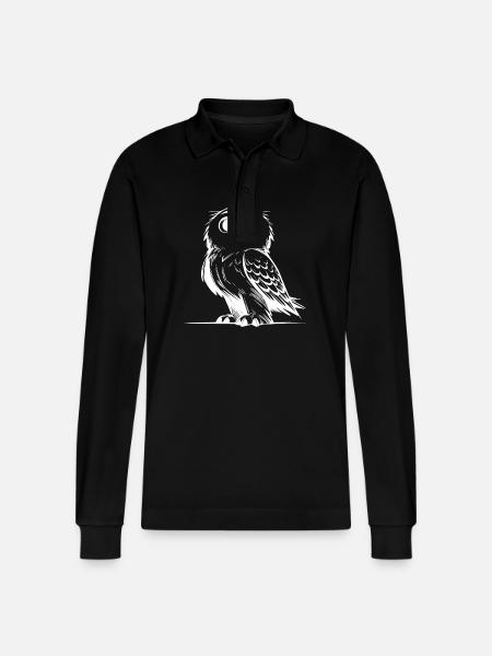 Cute Snow Owl Pencil Sketch - Stanley/Stella Organic Unisex Long-Sleeved Polo Shirt Prepster - black