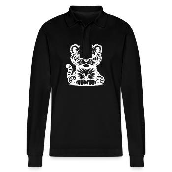 Cute Little Kids Tiger with Stripe Pattern - Stanley/Stella Organic Unisex Long-Sleeved Polo Shirt Prepster - black - Front - Anna (173cm) & Nico (186cm)