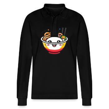 Happy kawaii noodle bowl with chopsticks - Stanley/Stella Organic Unisex Long-Sleeved Polo Shirt Prepster - black - Front - Anna (173cm) & Nico (186cm)