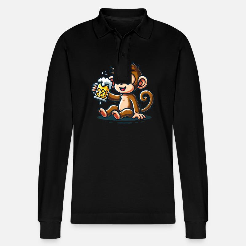Cute Monkey Drinking Beer - Stanley/Stella Unisex Bio-Langarm-Poloshirt Prepster - Schwarz