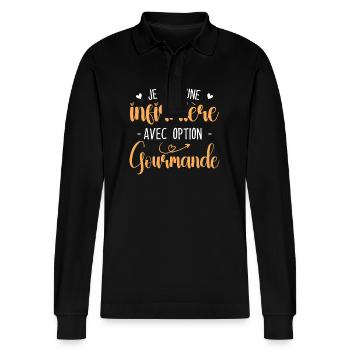 Nurse with gourmet option - Stanley/Stella Organic Unisex Long-Sleeved Polo Shirt Prepster - black - Front - Anna (173cm) & Nico (186cm)