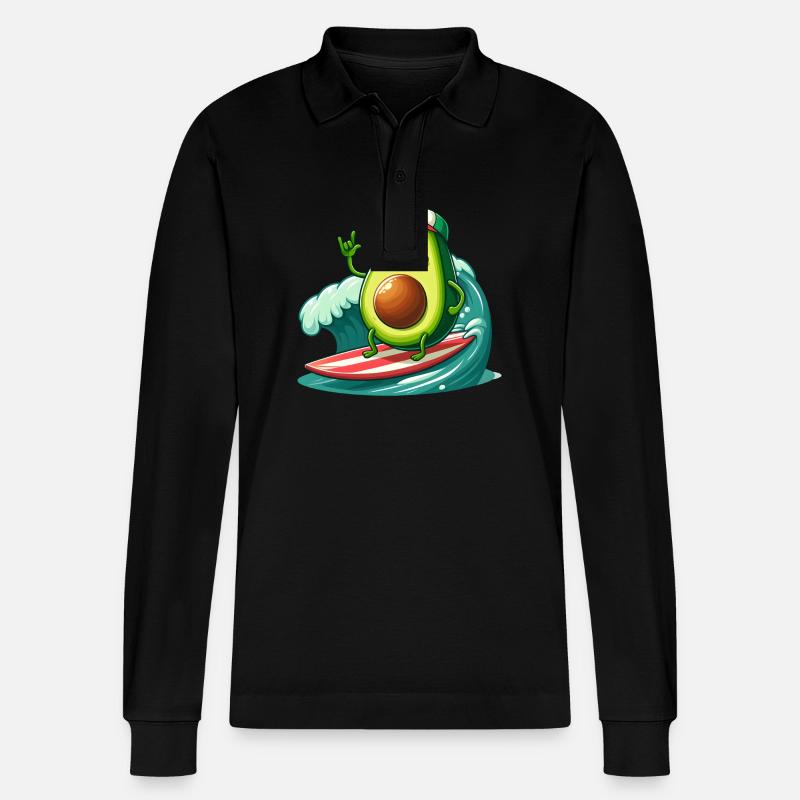 Surfende Avocado mit Schnurrbart - Stanley/Stella Unisex Bio-Langarm-Poloshirt Prepster - Schwarz