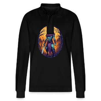 Gruseliges Halloween-party-kostüm, Zombie-krieger - Stanley/Stella Organic Unisex Long-Sleeved Polo Shirt Prepster - black - Front - Anna (173cm) & Nico (186cm)