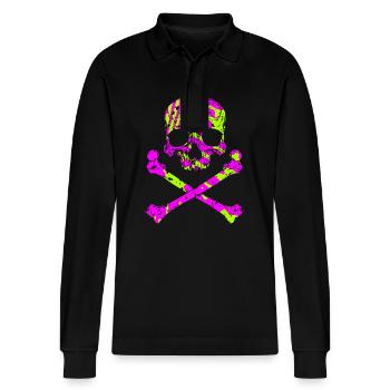 Skull with bone - Stanley/Stella Organic Unisex Long-Sleeved Polo Shirt Prepster - black - Front - Anna (173cm) & Nico (186cm)