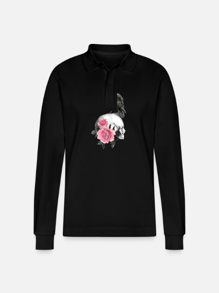 Skull with roses and raven - Stanley/Stella Organic Unisex Long-Sleeved Polo Shirt Prepster - black