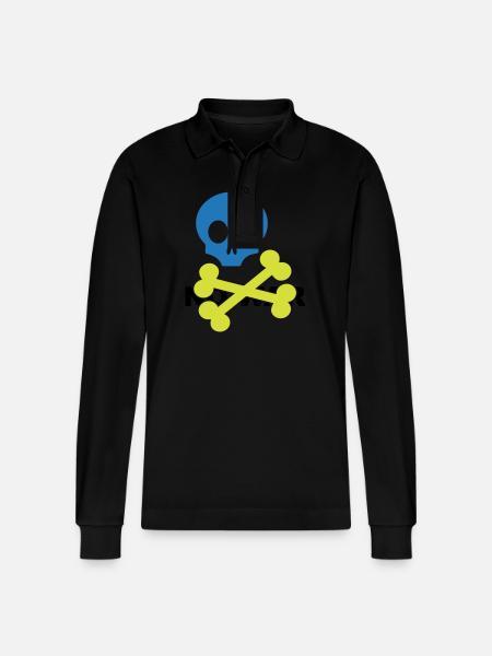 Neon Blue Skull and Crossbones - Stanley/Stella Organic Unisex Long-Sleeved Polo Shirt Prepster - black