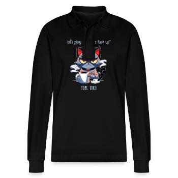 Grim Cat Coffee Sarcasm Saying - Stanley/Stella Organic Unisex Long-Sleeved Polo Shirt Prepster - black - Front - Anna (173cm) & Nico (186cm)
