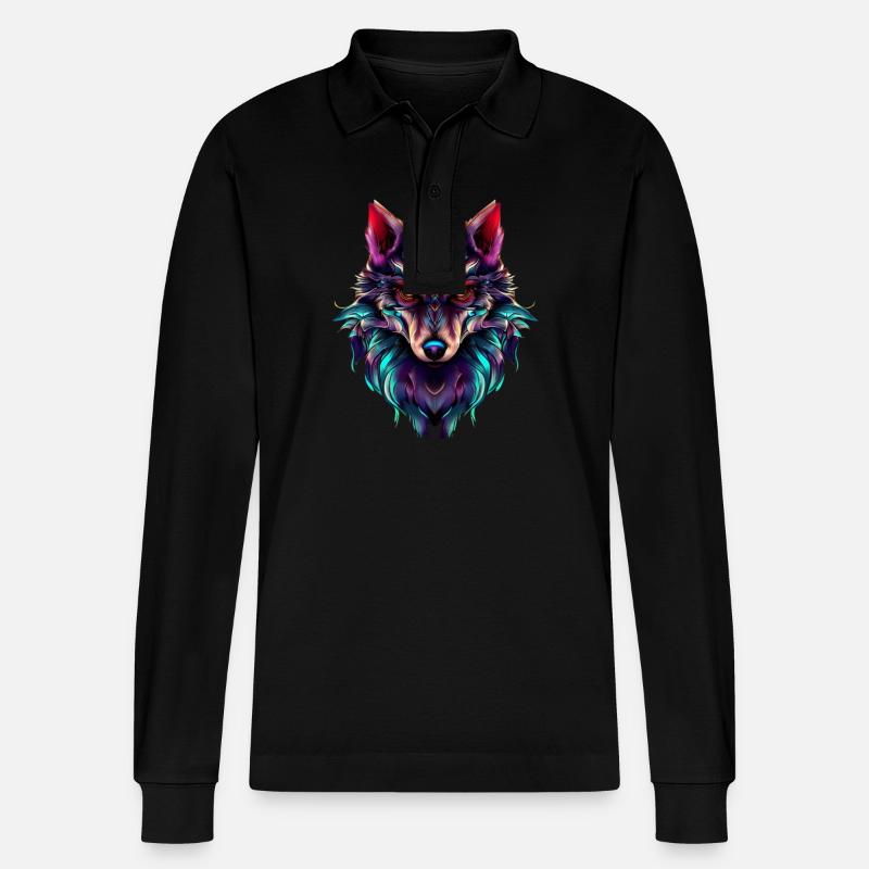 Wolf's Head Synthwave Wolf - Stanley/Stella Organic Unisex Long-Sleeved Polo Shirt Prepster - black