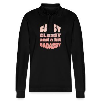 Sassy Classy Badass Typography Tee - Stanley/Stella Organic Unisex Long-Sleeved Polo Shirt Prepster - black - Front - Anna (173cm) & Nico (186cm)