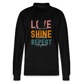 Women's affirmation t shirt "Love Shine Repeat" - Stanley/Stella Organic Unisex Long-Sleeved Polo Shirt Prepster - black - Front - Anna (173cm) & Nico (186cm)