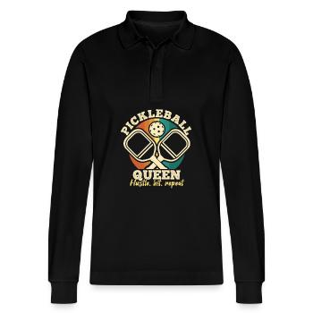Pickleball queen - Stanley/Stella Organic Unisex Long-Sleeved Polo Shirt Prepster - black - Front - Anna (173cm) & Nico (186cm)