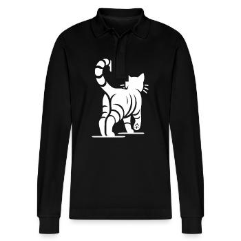 Back view of an elegant cat with stripes - Stanley/Stella Organic Unisex Long-Sleeved Polo Shirt Prepster - black - Front - Anna (173cm) & Nico (186cm)