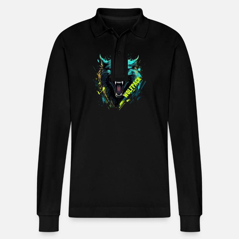Neonwolf-Wolfsmaske - Stanley/Stella Unisex Bio-Langarm-Poloshirt Prepster - Schwarz