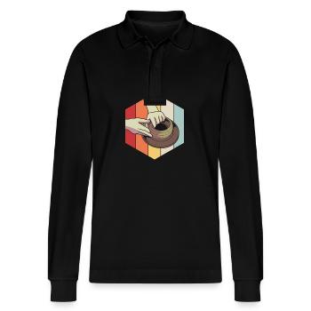 Pottery - Stanley/Stella Organic Unisex Long-Sleeved Polo Shirt Prepster - black - Front - Anna (173cm) & Nico (186cm)