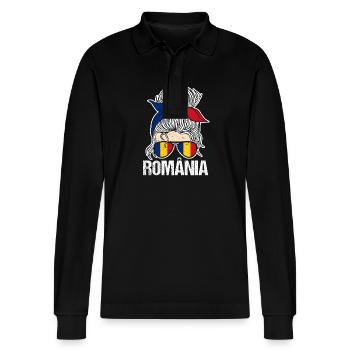 Romanians Romania - Stanley/Stella Organic Unisex Long-Sleeved Polo Shirt Prepster - black - Front - Anna (173cm) & Nico (186cm)