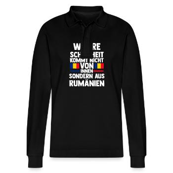 Romanian Romania Romania - Stanley/Stella Organic Unisex Long-Sleeved Polo Shirt Prepster - black - Front - Anna (173cm) & Nico (186cm)
