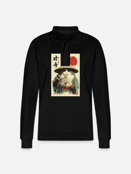 Samurai Cat Eating Ramen - Stanley/Stella Organic Unisex Long-Sleeved Polo Shirt Prepster - black