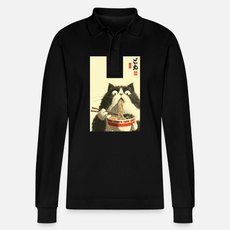 Überraschte Katze, die Ramen isst - Stanley/Stella Unisex Bio-Langarm-Poloshirt Prepster - Schwarz