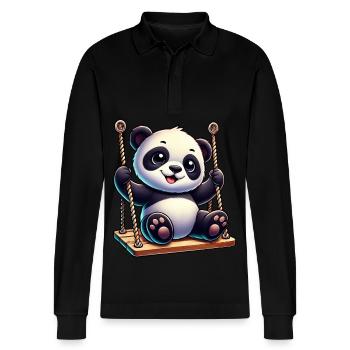 Dessin animé panda mignon sur l’aire de jeux de balançoire - Polo à manches longues bio PREPSTER Stanley/Stella Unisexe - noir - Devant - Anna (173cm) & Nico (186cm)