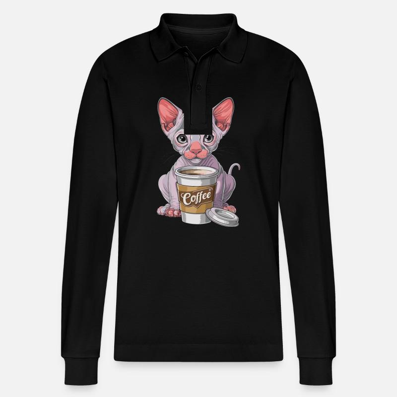 Nacktkatze mit Kaffee - Stanley/Stella Unisex Bio-Langarm-Poloshirt Prepster - Schwarz