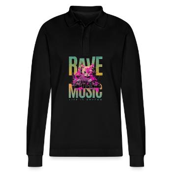 Rave music dj cat - Stanley/Stella Organic Unisex Long-Sleeved Polo Shirt Prepster - black - Front - Anna (173cm) & Nico (186cm)