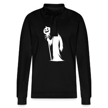 Scary Ghost Halloween Pumpkin Lantern - Stanley/Stella Organic Unisex Long-Sleeved Polo Shirt Prepster - black - Front - Anna (173cm) & Nico (186cm)